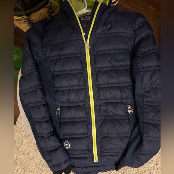 Michael Kors Jackets & Blazers - Michael Kors Hooded Puffer Down Jacket Navy Blue Yellow Size Medium✨Retail $250
